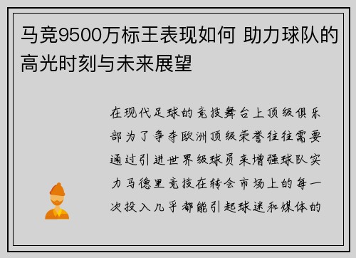 马竞9500万标王表现如何 助力球队的高光时刻与未来展望