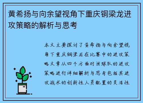 黄希扬与向余望视角下重庆铜梁龙进攻策略的解析与思考