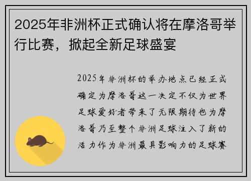 2025年非洲杯正式确认将在摩洛哥举行比赛，掀起全新足球盛宴